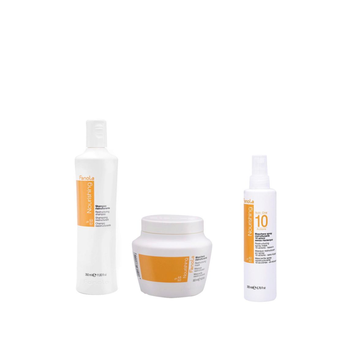Fanola Nourishing Kit Shampoo, Maschera e 10in1 Ristrutturante Capelli Danneggiati