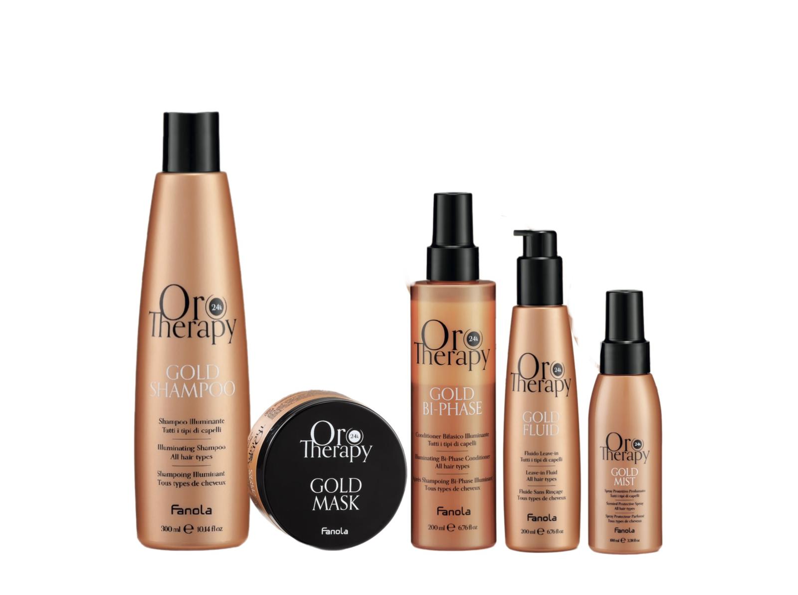 Fanola Oro Therapy Gold Kit Shampoo, Maschera, Conditioner Bi-Phase, Leave In e Mist Spray