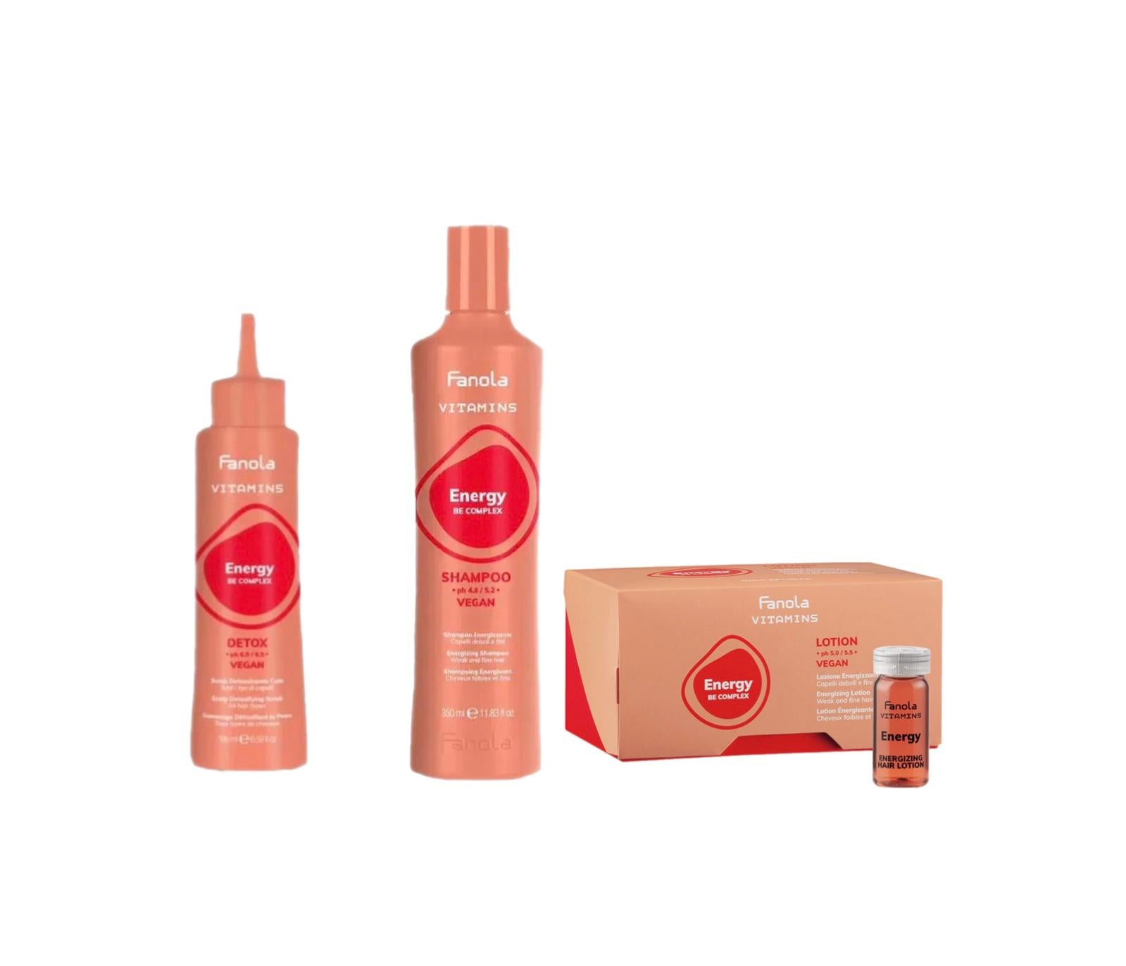 Fanola Vitamins Energy Be Complex Energizing Kit Anticaduta Scrub, Shampoo, Lozione Fiale